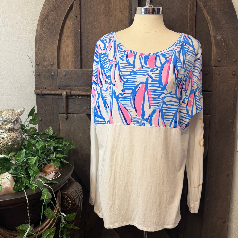 Lilly Pulitzer Sailboat Colorblock Top L White Blue Pink Nautical Tee